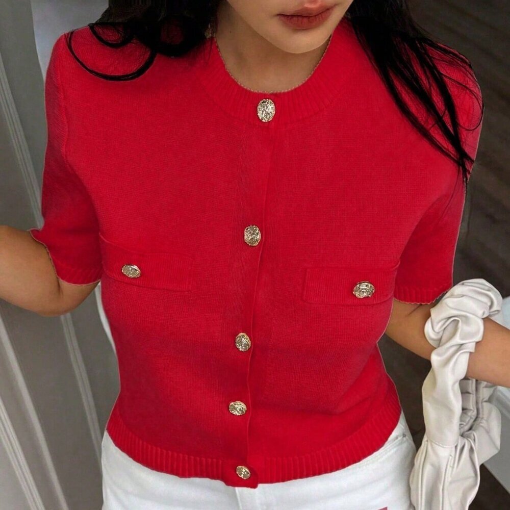 Red Casual Women's Minimalist Short Sleeve Knit Top